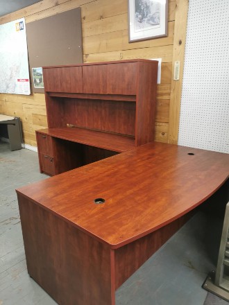 L SHAPE BOW FRONT DESK WITH HUTCH